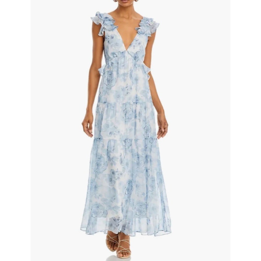 Aqua Floral Maxi Dress Ruffle Trim Tie Summer Party Dress S